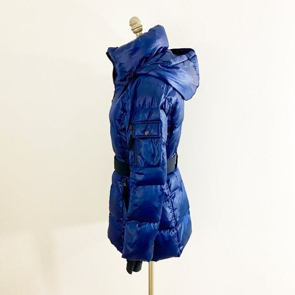 S13 NYC Navy Blue Satin Down Fill Parka XS Zip Up Belted Waist Removable Hood - Picture 3 of 8
